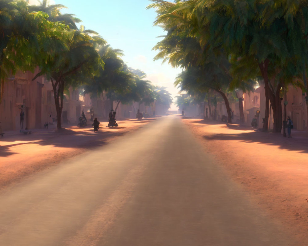 Sunlit palm tree-lined street with buildings and pedestrians in serene setting