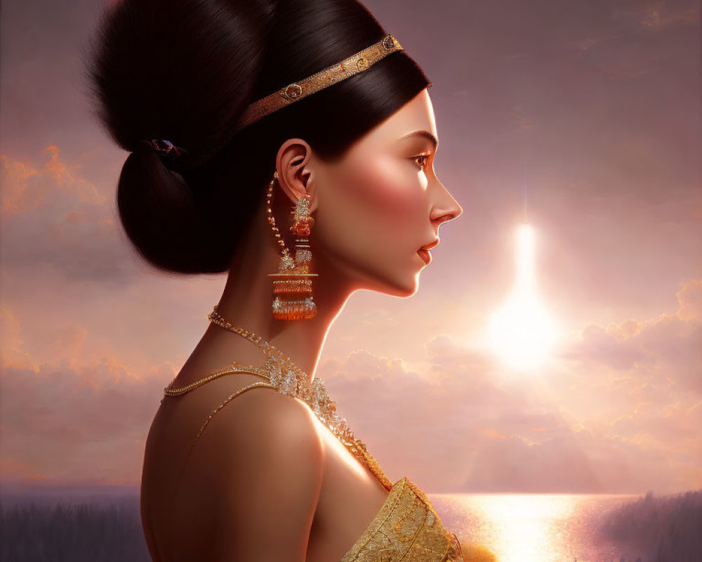 Woman with Elegant Jewelry Gazing at Sunset Reflection