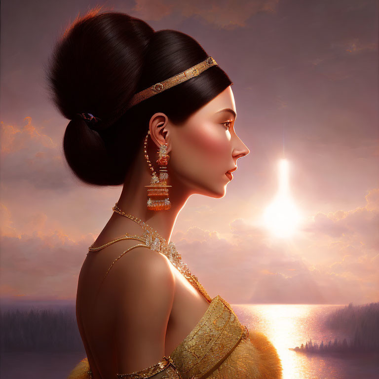 Woman with Elegant Jewelry Gazing at Sunset Reflection