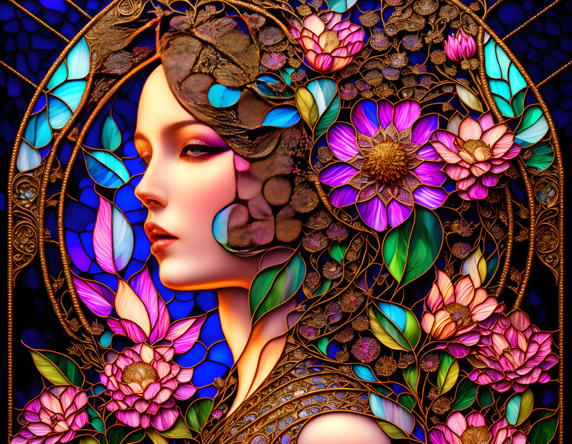 Colorful woman illustration with floral motifs and stained glass-style art in blues, pinks, and gold