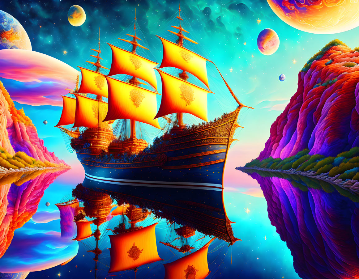 Colorful Surreal Landscape with Ship and Fantasy Planets