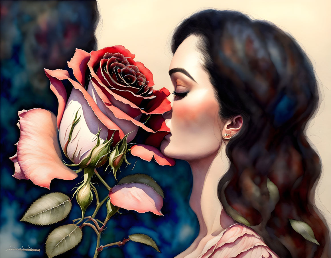 Profile of Woman Smelling Colorful Rose