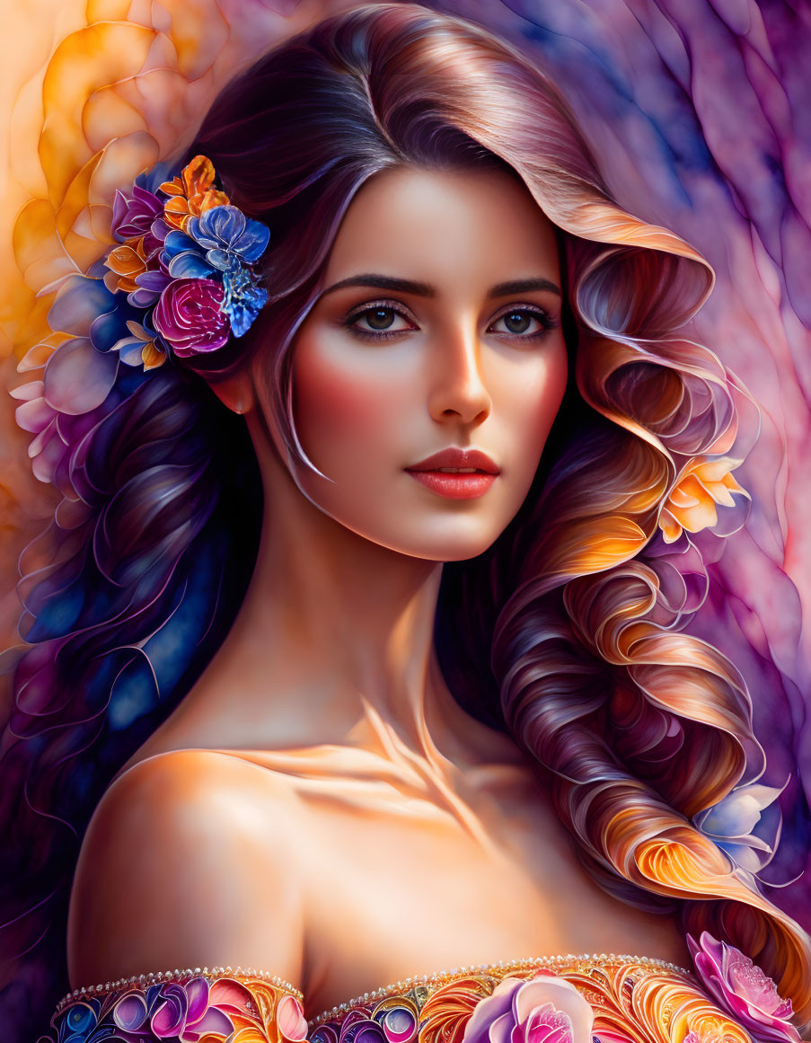 Colorful digital portrait of a woman with flower-adorned flowing hair on abstract purple backdrop