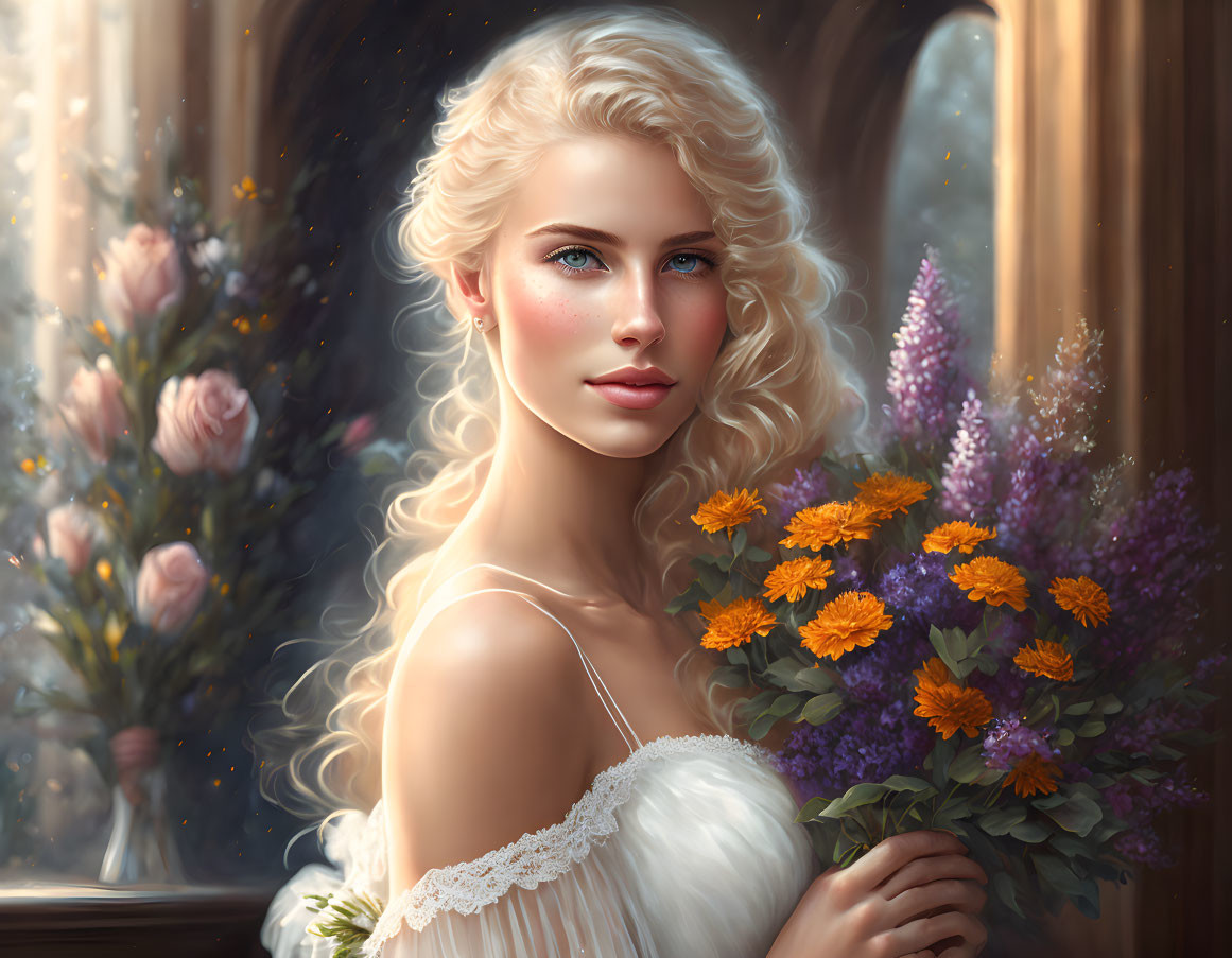 Portrait of Woman with Curly Blonde Hair and Blue Eyes Holding Flowers in Sunlit Room