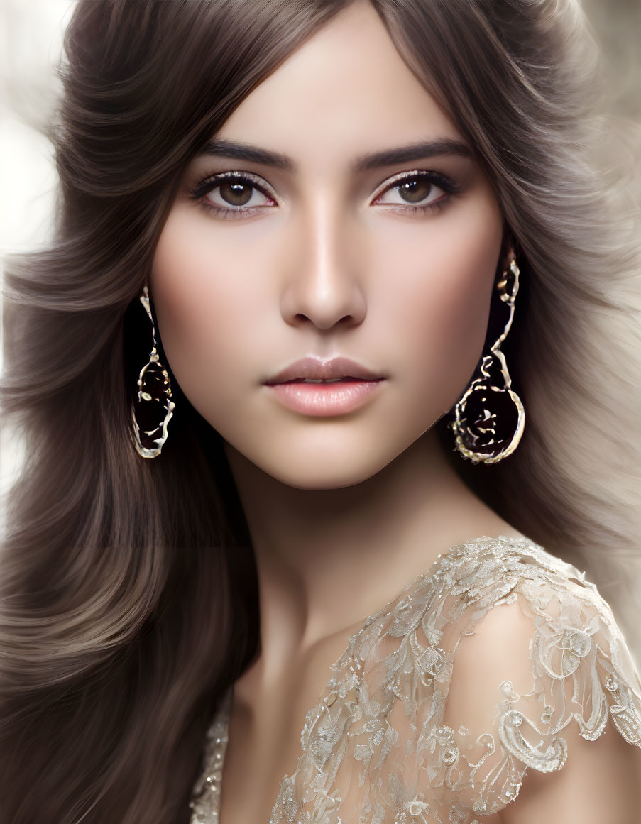 Portrait of a Woman with Long Brown Hair and Gold Earrings