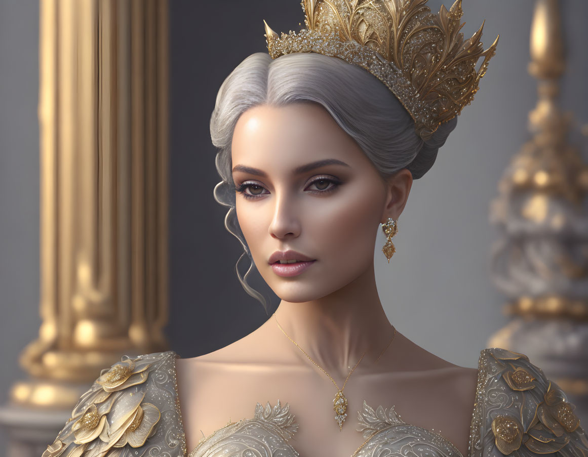 Regal woman with golden crown and jewelry in classical architecture setting