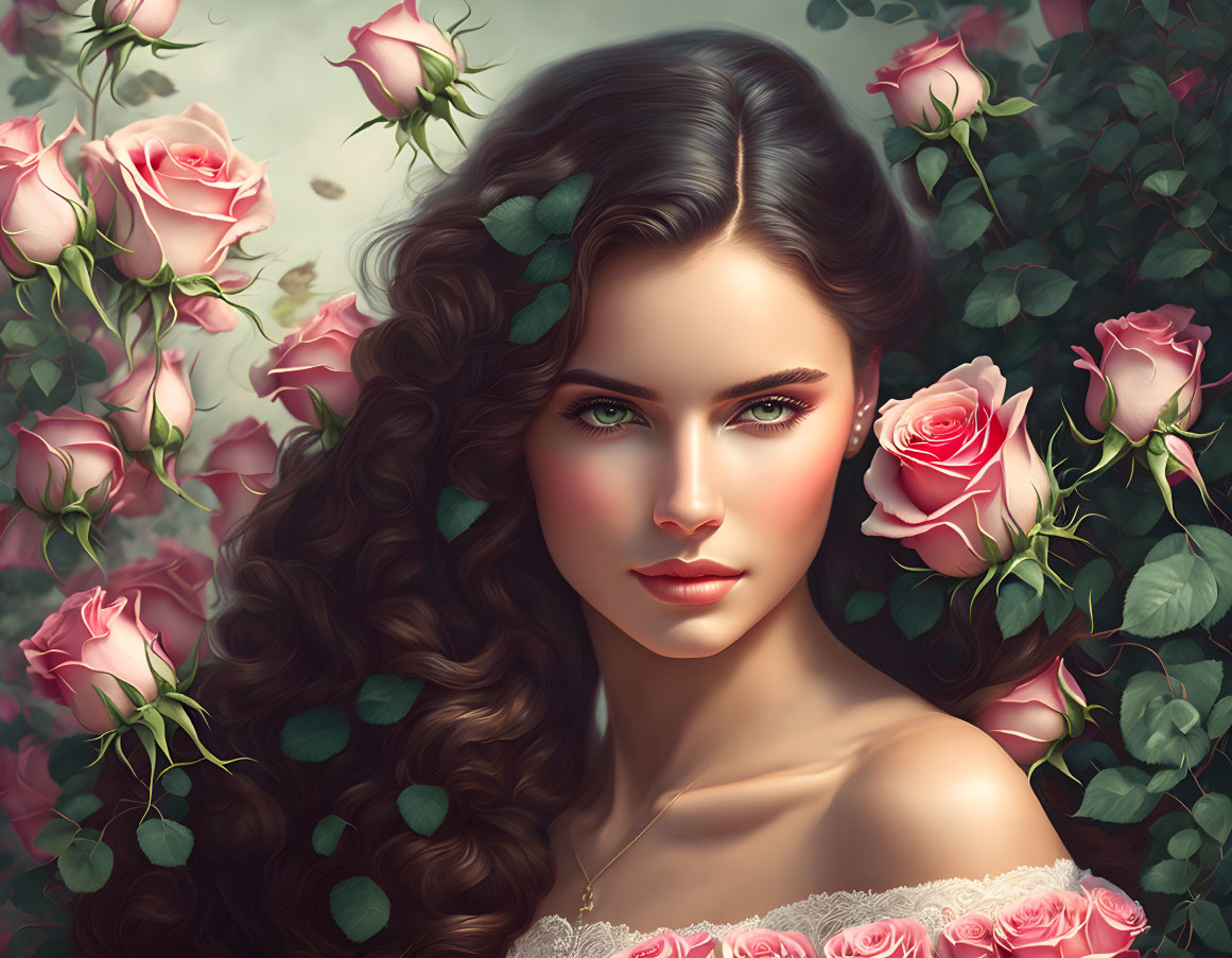 Portrait of woman with long curly hair and green eyes among blush roses