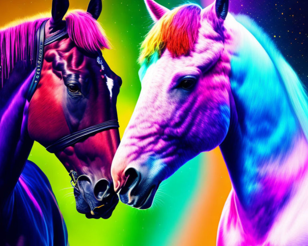 Vibrant neon-colored horses against colorful backdrop