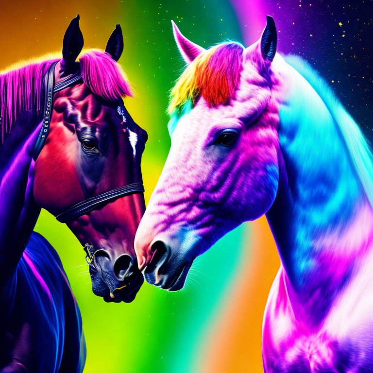 Vibrant neon-colored horses against colorful backdrop