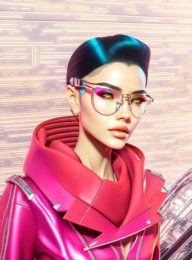 Stylized digital portrait: Woman with teal hair, reflective glasses, bold makeup, pink leather jacket