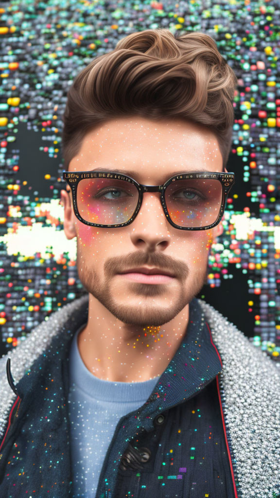 Bearded man in square glasses against pixel background