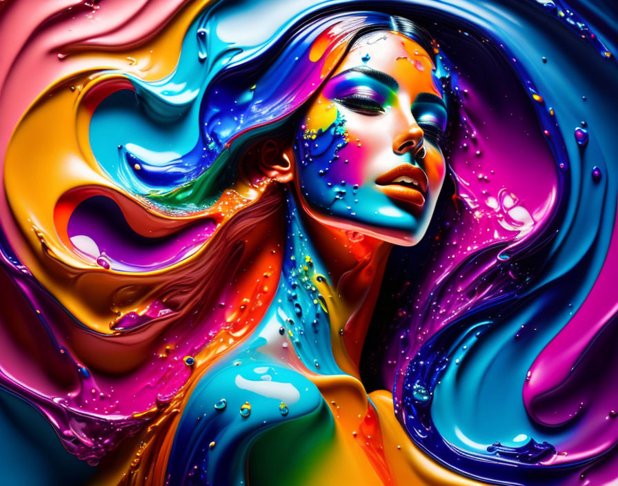 Vibrant digital artwork: Woman's face with swirling liquid patterns