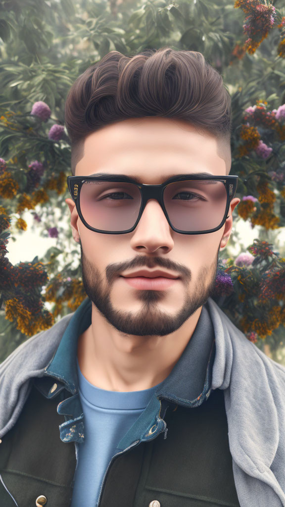 Stylized portrait of man with trendy haircut, beard, glasses against floral backdrop