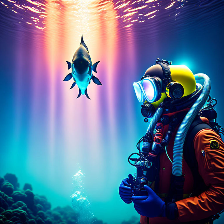 Underwater diver in orange suit observing fish and coral reef scene