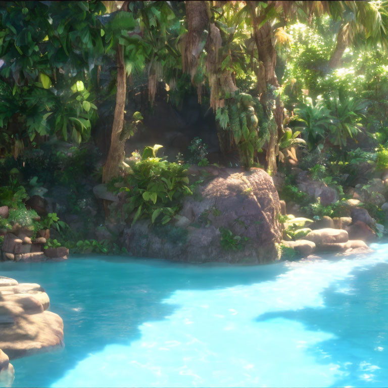 Tranquil Tropical Landscape with Greenery and Blue Water Stream