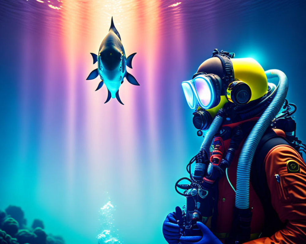 Underwater diver in orange suit observing fish and coral reef scene