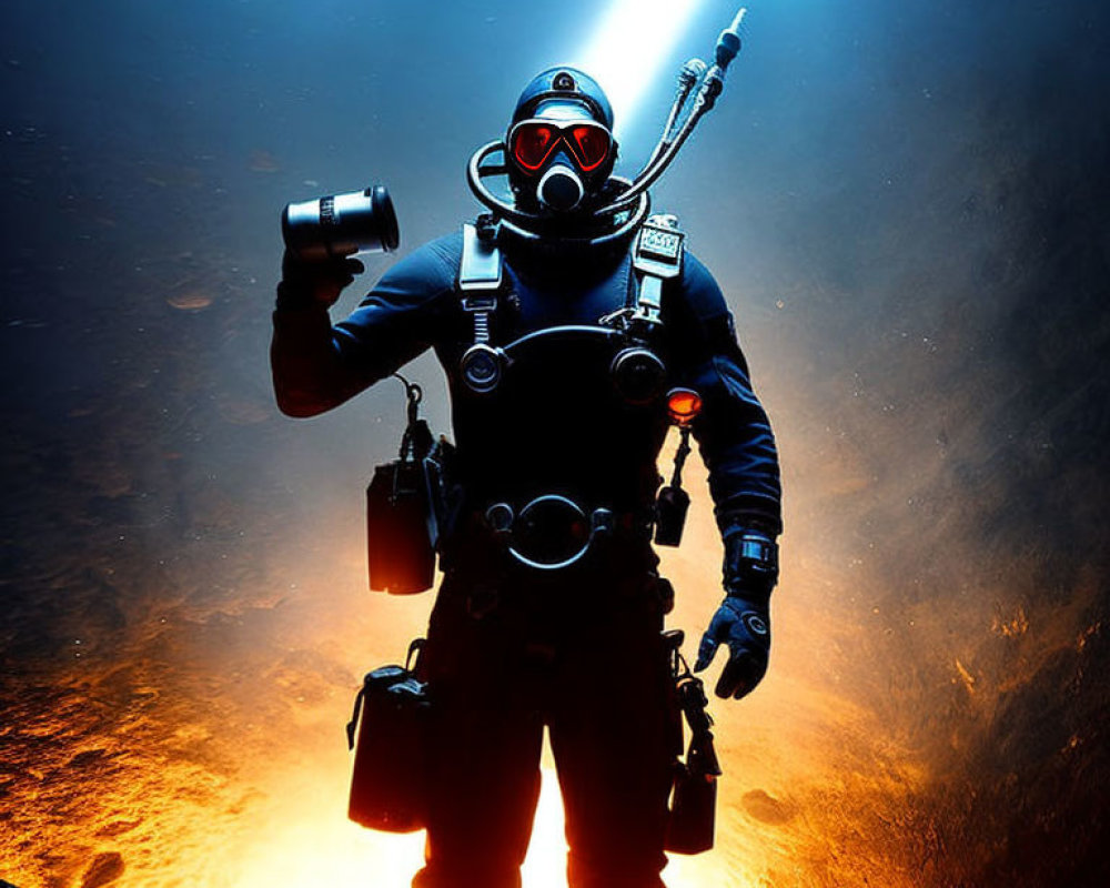 Underwater diver in dark gear with helmet and flashlight illuminated by beam of light