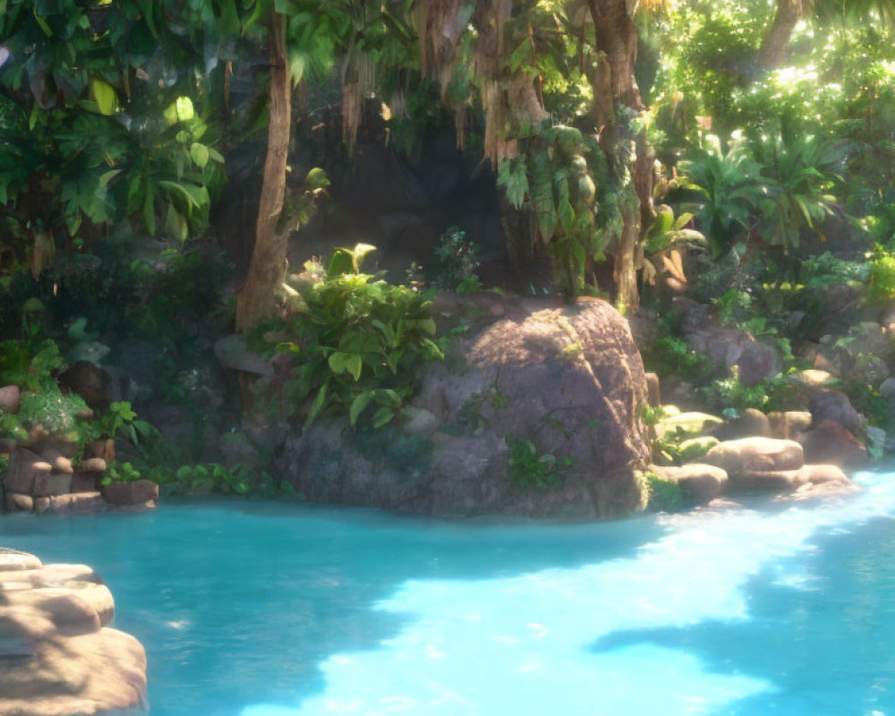 Tranquil Tropical Landscape with Greenery and Blue Water Stream