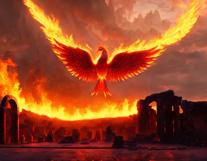 Majestic phoenix with fiery wings in ancient ruins at dusk