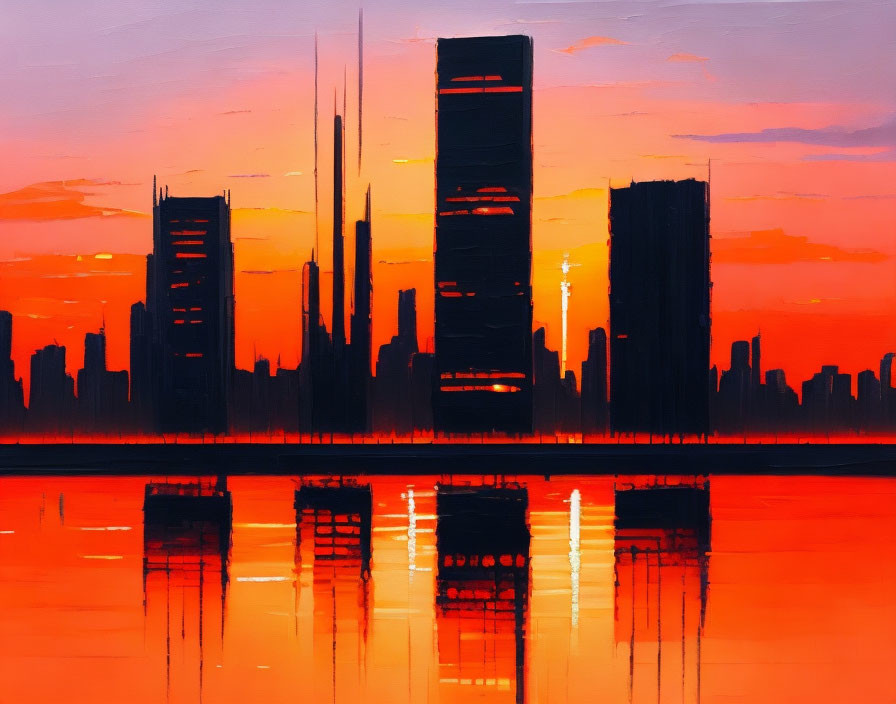 City skyline reflected in water at sunset with skyscraper silhouettes in orange and pink hues