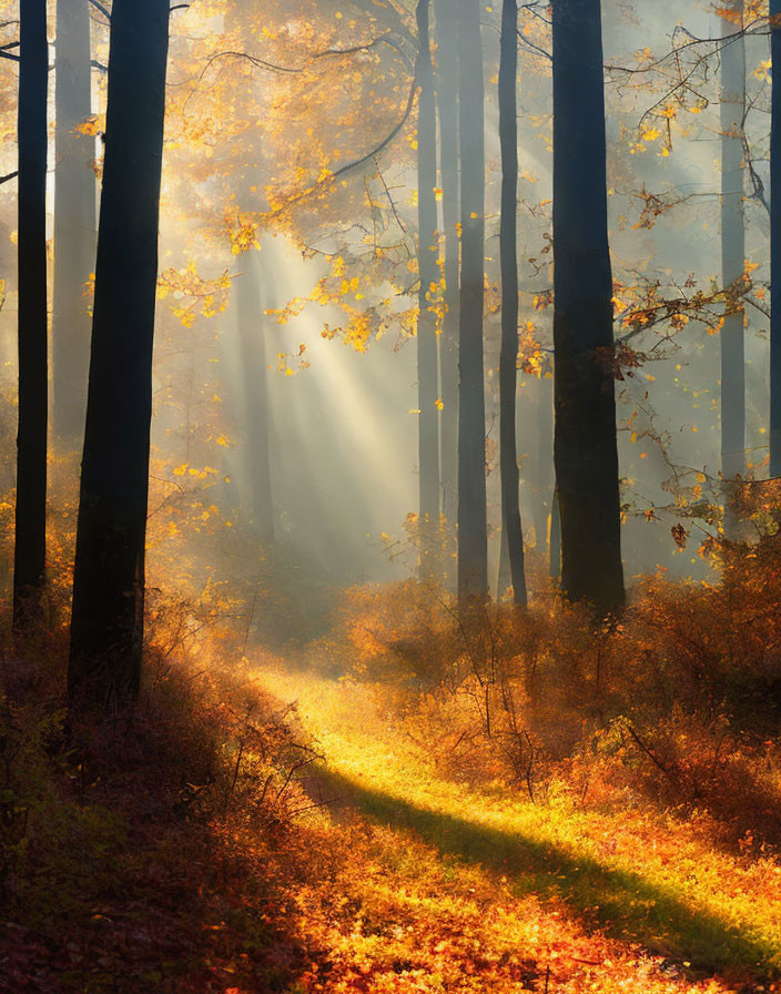 Misty forest scene with sunbeams and golden leaves