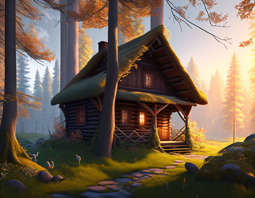 Thatched roof wooden cabin in serene forest glade at sunset