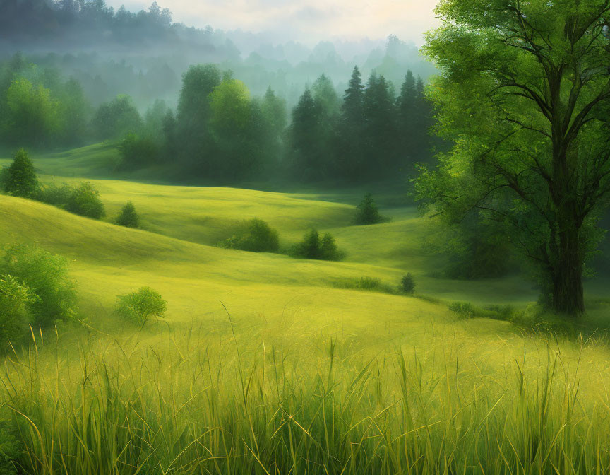 Tranquil landscape with rolling green hills and misty forest