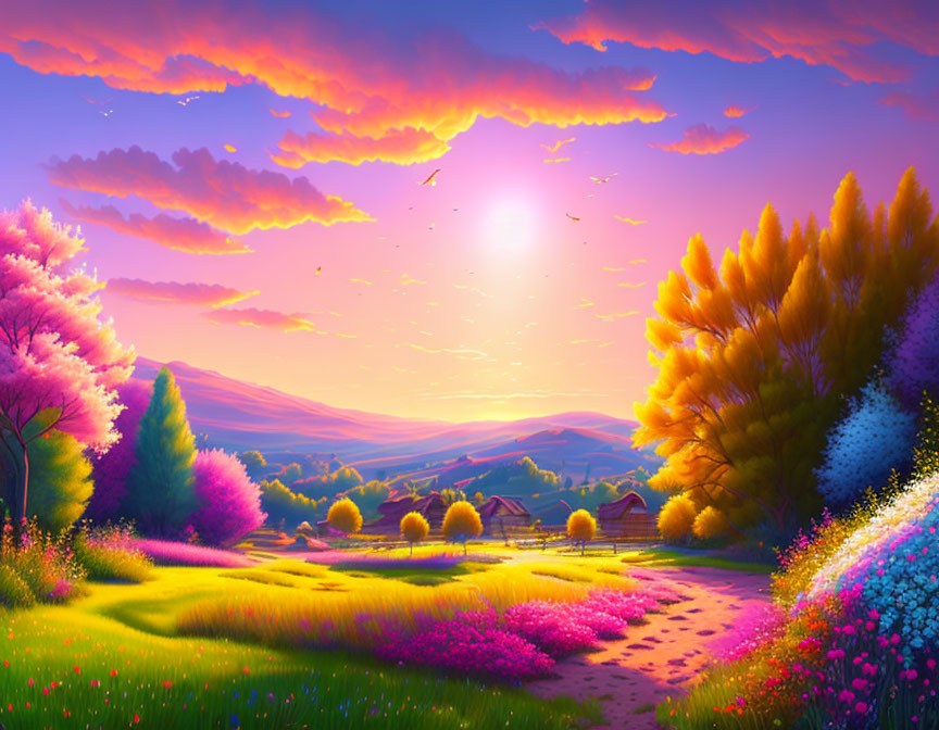 Colorful landscape painting with trees, flowers, hills, sky, and birds.