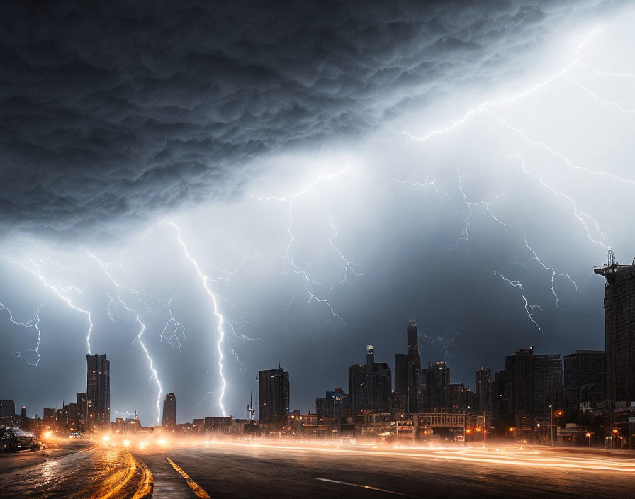 Stormy Night Cityscape with Lightning Strikes