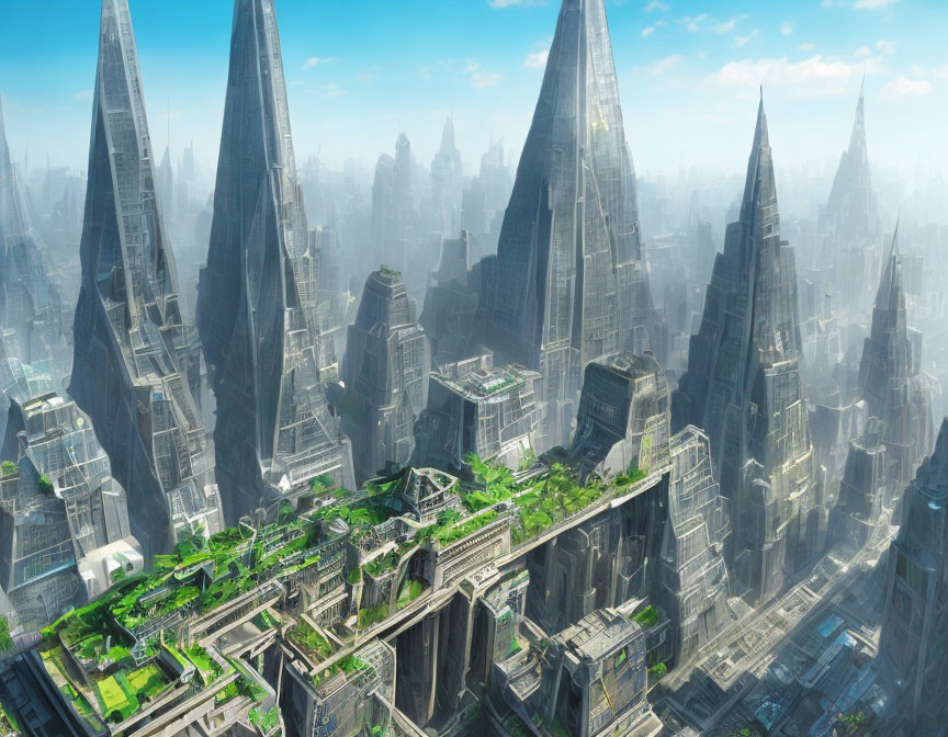 Futuristic cityscape with towering skyscrapers and lush greenery