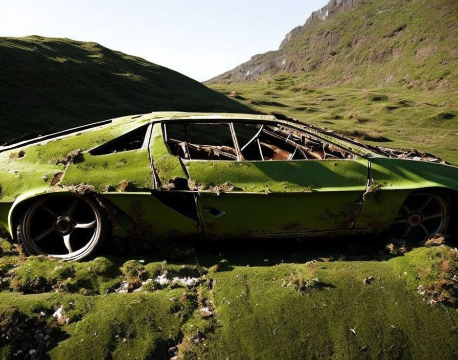 Abandoned car covered in green moss in lush field with hills