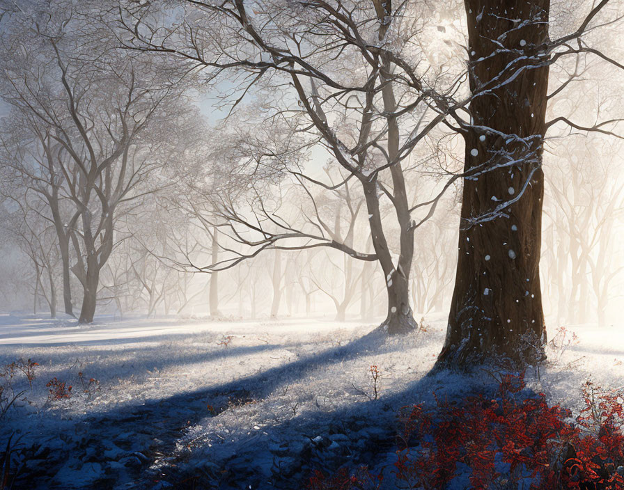 Snow-covered wintry scene with sunlight, shadows, and red plants.