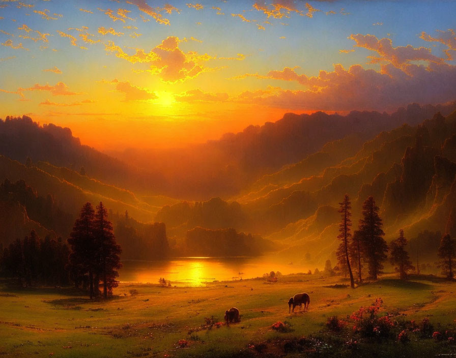 Mountainous landscape at sunset with glowing lake, silhouetted trees, flowers, and horses