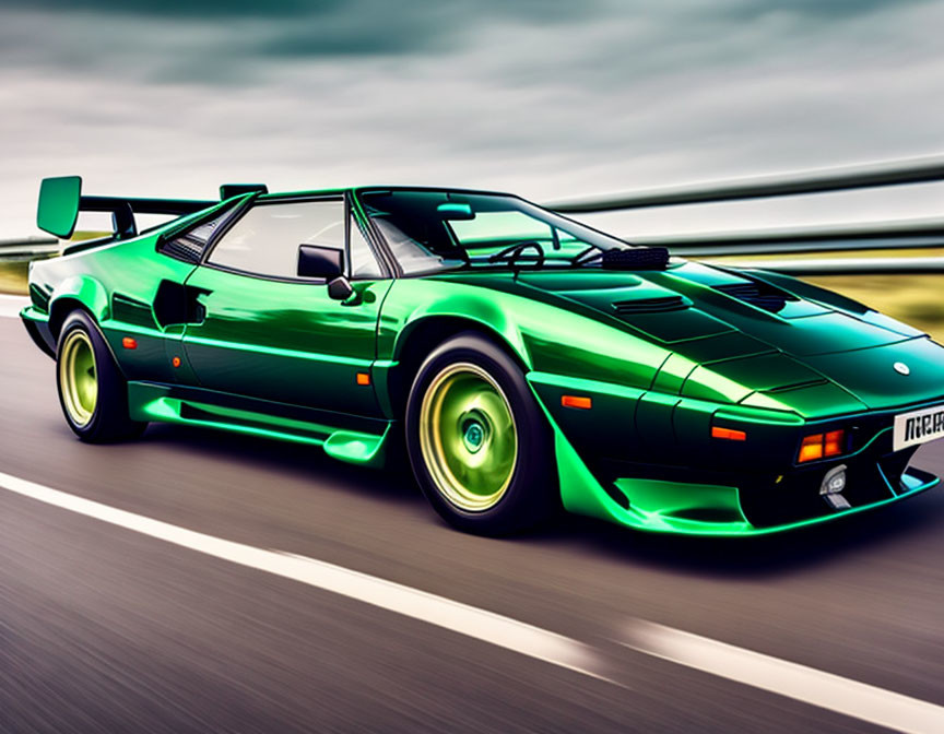 Vintage sports car in bright green with angular design speeding on roadway with motion blur.