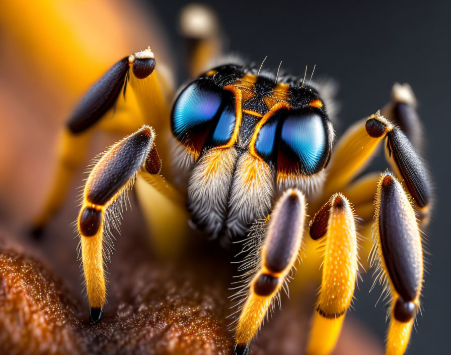 Jumping spider with vivid blue eyes and striped legs on brown surface