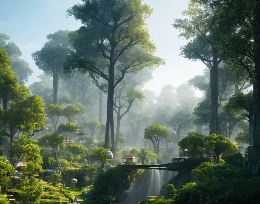 Majestic forest with mist, waterfalls, and fantastical structures