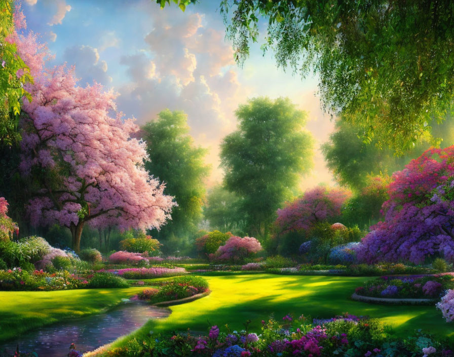 Tranquil garden scene with pink and purple flowers, stream, and willow tree