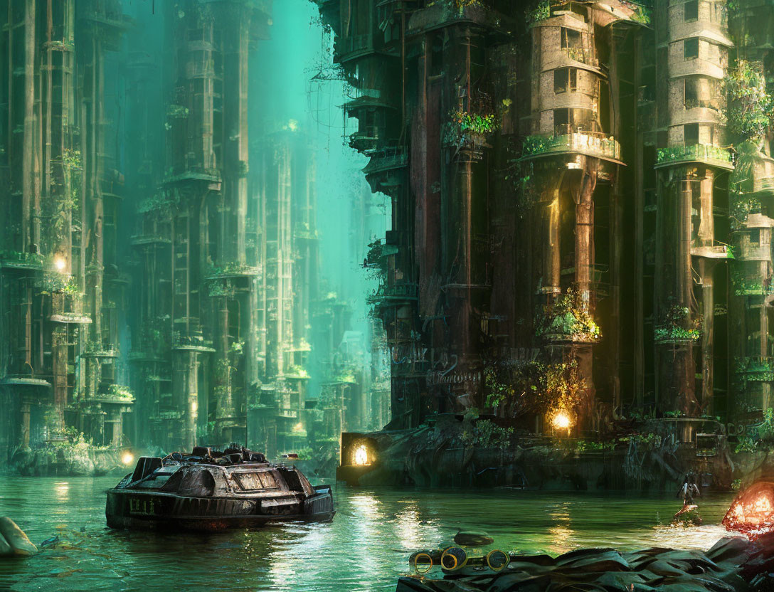 Overgrown futuristic cityscape with boat, towering structures, and glowing lights.