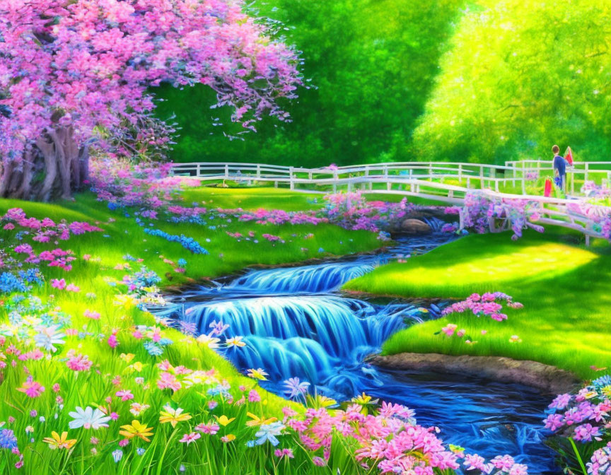 Blossoming garden with stream, white bridge, and walkers