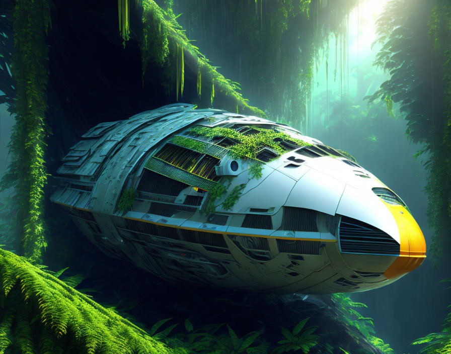 Abandoned futuristic spacecraft in lush forest landscape