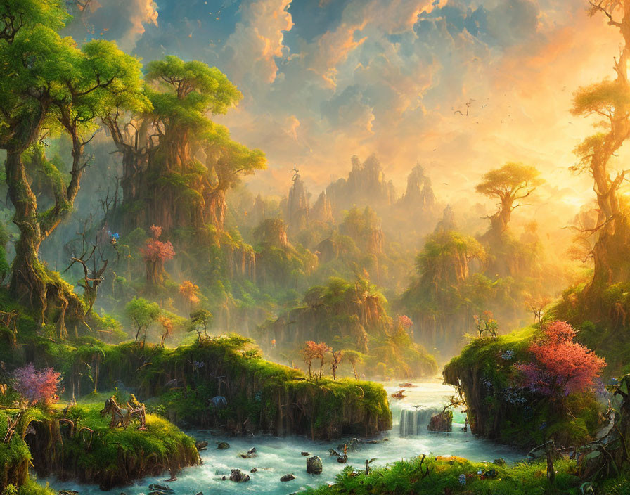 Vibrant fantasy landscape with lush greenery, waterfalls, colorful trees, and dramatic sky.