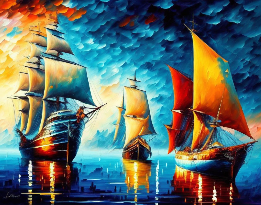 Colorful painting of tall ships on gleaming sea under cloud-strewn sky