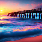 Ocean sunset with purple and orange hues, waves crashing at pier under clear sky