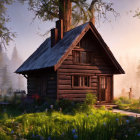 Thatched roof wooden cabin in serene forest glade at sunset