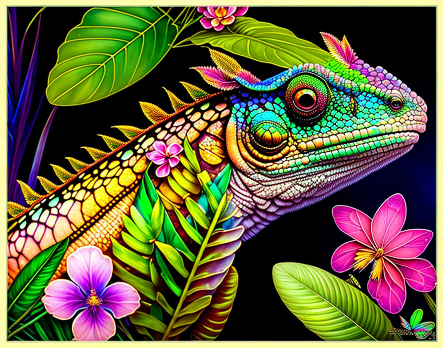 Colorful digital artwork: Chameleon in tropical flora with rich hues & intricate patterns