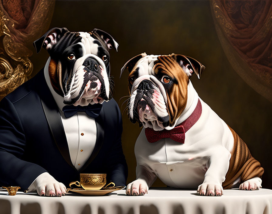 Bulldogs in Tuxedos with Gold Cup on Elegant Background