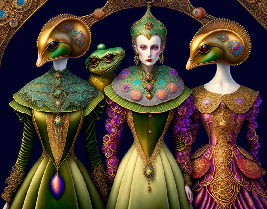 Three figures with peacock and frog features in Renaissance attire