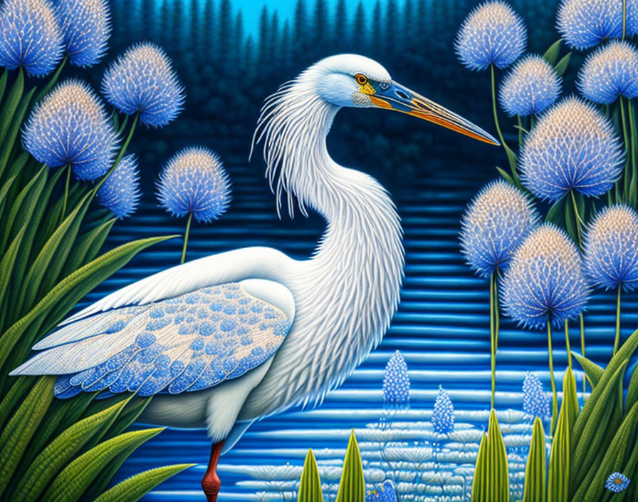 Colorful painting of white egret in lush flora with stylized textures