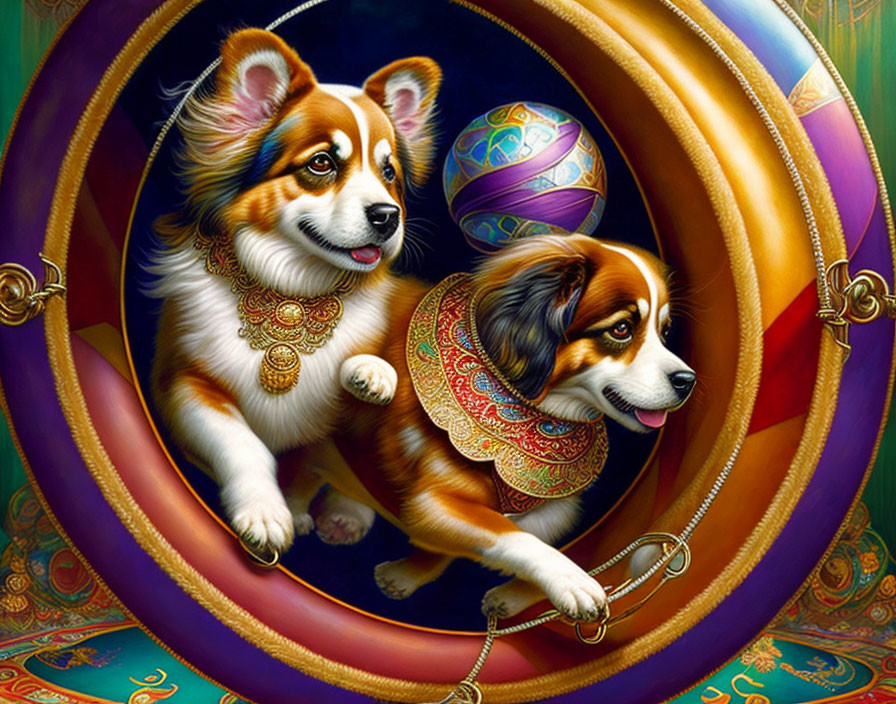 Colorful illustrated corgis with ornate neckpieces in abstract tunnel balancing egg