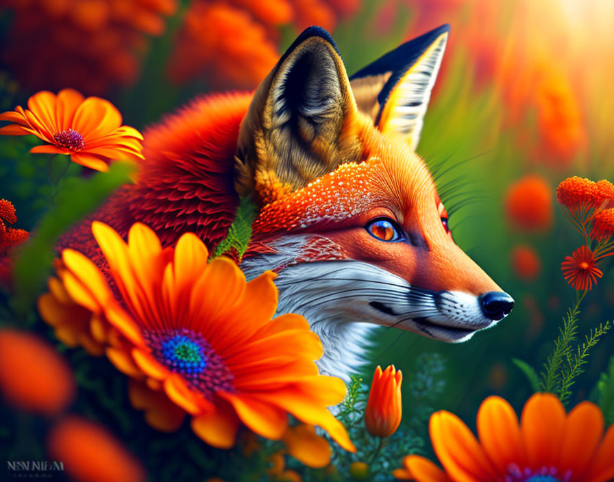 Colorful Fox Among Orange Flowers with Water Droplets - Vibrant Illustration